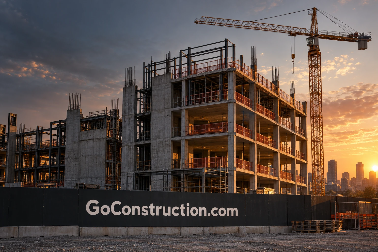 Construction site with GoConstruction.com displayed on the site hoarding